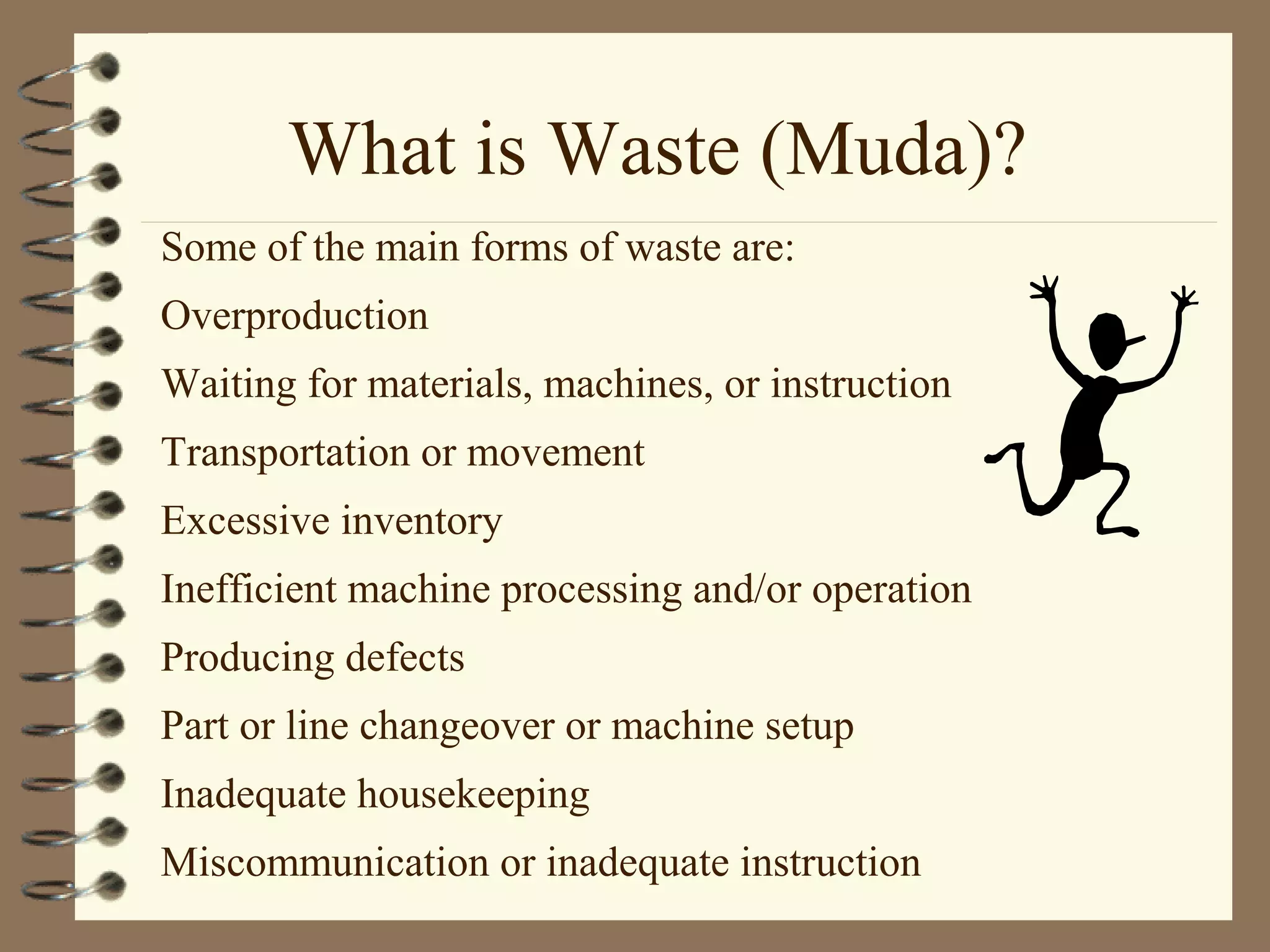 What is Waste (Muda)?
Some of the main forms of waste are:
Overproduction
Waiting for materials, machines, or instruction
Transportation or movement
Excessive inventory
Inefficient machine processing and/or operation
Producing defects
Part or line changeover or machine setup
Inadequate housekeeping
Miscommunication or inadequate instruction
 