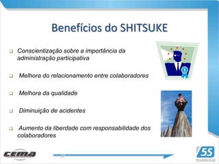 Benefícios do SHITSUKE
   Conscientização sobre a importância da
    administração participativa

   Melhora do relacionamento entre colaboradores

   Melhora da qualidade

   Diminuição de acidentes

   Aumento da liberdade com responsabilidade dos
    colaboradores
 