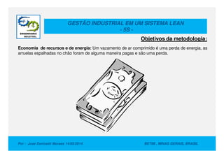 GESTÃO INDUSTRIAL EM UM SISTEMA LEAN
- 5S -
Economia de recursos e de energia: Um vazamento de ar comprimido é uma perda de energia, as
arruelas espalhadas no chão foram de alguma maneira pagas e são uma perda.
Objetivos da metodologia:
Por : Jose Donizetti Moraes 14/05/2014 BETIM , MINAS GERAIS, BRASIL
 