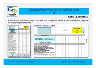 GESTÃO INDUSTRIAL EM UM SISTEMA LEAN
- 5S -
A revisão das atividades através dos check lists nos permite avaliar a conformidade dos requisitos
previstos pelo primeiro senso.
SEIRI - SEPARAR:
Por : Jose Donizetti Moraes 14/05/2014 BETIM , MINAS GERAIS, BRASIL
 