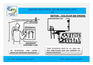 GESTÃO INDUSTRIAL EM UM SISTEMA LEAN
- 5S -
FERRAMENTAS
SEITON – COLOCAR EM ORDEM:
Por : Jose Donizetti Moraes 14/05/2014 BETIM , MINAS GERAIS, BRASIL
As ferramentas mais usadas
devem ser facilmente alcançáveis
Cada ferramenta deve ter um lugar seu
bem determinado para que qualquer um
possa encontrá-la
ARRUMADAS
CONFORME O USO
 