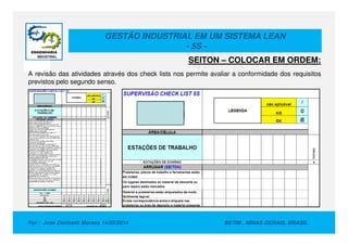 GESTÃO INDUSTRIAL EM UM SISTEMA LEAN
- 5S -
A revisão das atividades através dos check lists nos permite avaliar a conformidade dos requisitos
previstos pelo segundo senso.
SEITON – COLOCAR EM ORDEM:
Por : Jose Donizetti Moraes 14/05/2014 BETIM , MINAS GERAIS, BRASIL
 