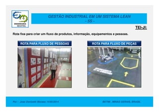 GESTÃO INDUSTRIAL EM UM SISTEMA LEAN
- 5S -
ROTA PARA FLUXO DE PESSOAS ROTA PARA FLUXO DE PEÇAS
TEI-JI:
Rota fixa para criar um fluxo de produtos, informação, equipamentos e pessoas.
Por : Jose Donizetti Moraes 14/05/2014 BETIM , MINAS GERAIS, BRASIL
 