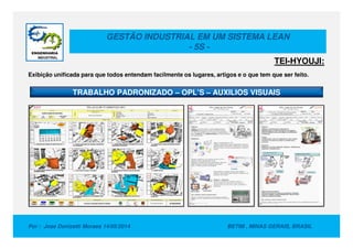GESTÃO INDUSTRIAL EM UM SISTEMA LEAN
- 5S -
TRABALHO PADRONIZADO – OPL’S – AUXILIOS VISUAIS
TEI-HYOUJI:
Exibição unificada para que todos entendam facilmente os lugares, artigos e o que tem que ser feito.
Por : Jose Donizetti Moraes 14/05/2014 BETIM , MINAS GERAIS, BRASIL
 
