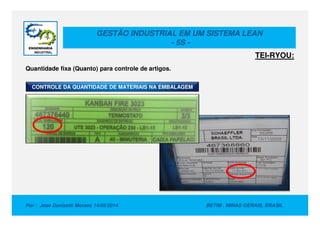 GESTÃO INDUSTRIAL EM UM SISTEMA LEAN
- 5S -
CONTROLE DA QUANTIDADE DE MATERIAIS NA EMBALAGEM
TEI-RYOU:
Quantidade fixa (Quanto) para controle de artigos.
Por : Jose Donizetti Moraes 14/05/2014 BETIM , MINAS GERAIS, BRASIL
 