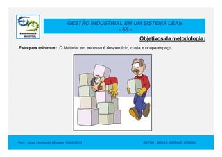 GESTÃO INDUSTRIAL EM UM SISTEMA LEAN
- 5S -
Estoques mínimos: O Material em excesso é desperdício, custa e ocupa espaço.
Objetivos da metodologia:
Por : Jose Donizetti Moraes 14/05/2014 BETIM , MINAS GERAIS, BRASIL
 