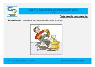 GESTÃO INDUSTRIAL EM UM SISTEMA LEAN
- 5S -
Zero Acidentes: Um ambiente sujo e em desordem causa acidentes.
Objetivos da metodologia:
Por : Jose Donizetti Moraes 14/05/2014 BETIM , MINAS GERAIS, BRASIL
 