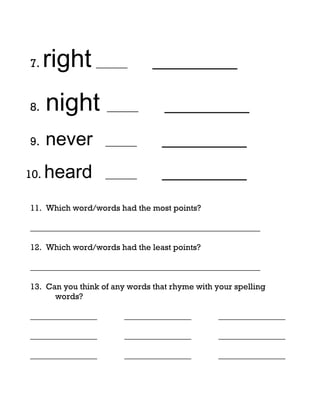 7.    right ______             _________

8.    night ______                _________
9.    never        ______        _________
10.   heard        ______        _________
11. Which word/words had the most points?

_______________________________________________________

12. Which word/words had the least points?

_______________________________________________________

13. Can you think of any words that rhyme with your spelling
      words?

________________       ________________        ________________

________________       ________________        ________________

________________       ________________        ________________
 