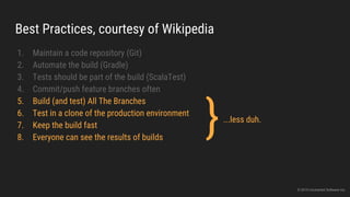 Best Practices, courtesy of Wikipedia
1. Maintain a code repository (Git)
2. Automate the build (Gradle)
3. Tests should be part of the build (ScalaTest)
4. Commit/push feature branches often
5. Build (and test) All The Branches
6. Test in a clone of the production environment
7. Keep the build fast
8. Everyone can see the results of builds
}...less duh.
© 2015 Uncharted Software Inc.
 