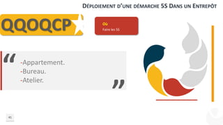 DÉPLOIEMENT D’UNE DÉMARCHE 5S DANS UN ENTREPÔT
41
QQOQCP Où
Faire les 5S
“
”
-Appartement.
-Bureau.
-Atelier.
 