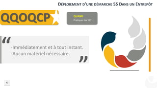 DÉPLOIEMENT D’UNE DÉMARCHE 5S DANS UN ENTREPÔT
42
QQOQCP
“
”
QUAND
Pratiquer les 5S?
-Immédiatement et à tout instant.
-Aucun matériel nécessaire.
 