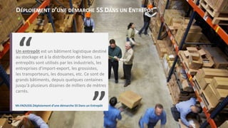 5
“
”Mr.FAOUSSI.Déploiement d’une démarche 5S Dans un Entrepôt
Un entrepôt est un bâtiment logistique destiné
au stockage et à la distribution de biens. Les
entrepôts sont utilisés par les industriels, les
entreprises d'import-export, les grossistes,
les transporteurs, les douanes, etc. Ce sont de
grands bâtiments, depuis quelques centaines
jusqu'à plusieurs dizaines de milliers de mètres
carrés.
.
DÉPLOIEMENT D’UNE DÉMARCHE 5S DANS UN ENTREPÔT
 