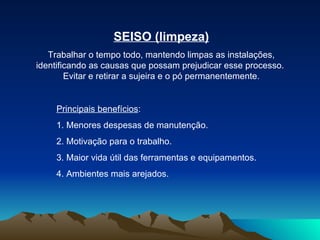 SEISO (limpeza) Trabalhar o tempo todo, mantendo limpas as instalações, identificando as causas que possam prejudicar esse processo.  Evitar e retirar a sujeira e o pó permanentemente. Principais benefícios :  1. Menores despesas de manutenção.  2. Motivação para o trabalho.  3. Maior vida útil das ferramentas e equipamentos.  4. Ambientes mais arejados.  