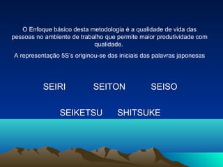 O Enfoque básico desta metodologia é a qualidade de vida das
pessoas no ambiente de trabalho que permite maior produtividade com
qualidade.
A representação 5S’s originou-se das iniciais das palavras japonesas
SEIRI SEITON
SEIKETSU SHITSUKE
SEISO
 