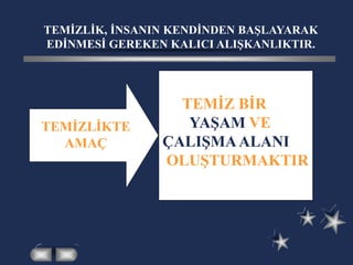 T
İZ BİR TEMİZ BİR
YAŞAM VE
ÇALIŞMAALANI
OLUŞTURMAKTIR
TEMİZLİKTE
AMAÇ
TEMİZLİK, İNSANIN KENDİNDEN BAŞLAYARAK
EDİNMESİ GEREKEN KALICI ALIŞKANLIKTIR.
 