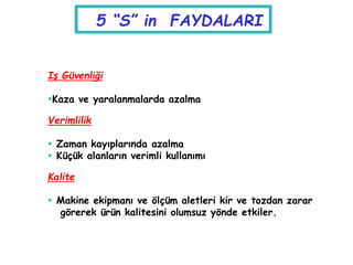 5 “S” in FAYDALARI
Iş Güvenliği
Kaza ve yaralanmalarda azalma
Verimlilik
 Zaman kayıplarında azalma
 Küçük alanların verimli kullanımı
Kalite
 Makine ekipmanı ve ölçüm aletleri kir ve tozdan zarar
görerek ürün kalitesini olumsuz yönde etkiler.
 