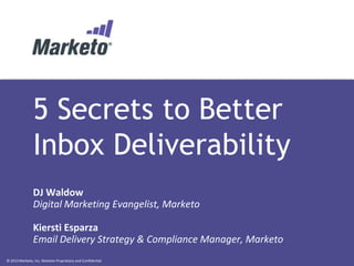 5 Secrets to Better
Inbox Deliverability
DJ Waldow
Digital Marketing Evangelist, Marketo
Kiersti Esparza
Email Delivery Strategy & Compliance Manager, Marketo
© 2013 Marketo, Inc. Marketo Proprietary and Confidential

 