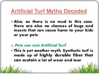 Artificial Turf Myths Decoded
 Also, as there is no mud in this case,
there are also no chances of bugs and
insects that can cause harm to your kids
or your pets.
3. Pets can ruin Artificial Turf.
 This is yet another myth. Synthetic turf is
made up of highly durable fiber that
can sustain a lot of wear and tear.
 