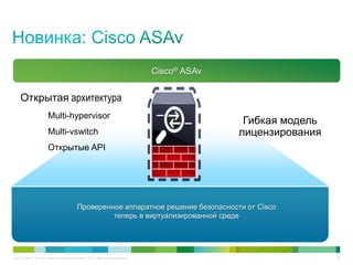 C97-714039-00 © Cisco и/или ее дочерние компании, 2012 г. Все права защищены. 28
Cisco® ASAv
Проверенное аппаратное решение безопасности от Cisco
теперь в виртуализированной среде
Открытая архитектура
Multi-hypervisor
Multi-vswitch
Открытые API
Гибкая модель
лицензирования
 