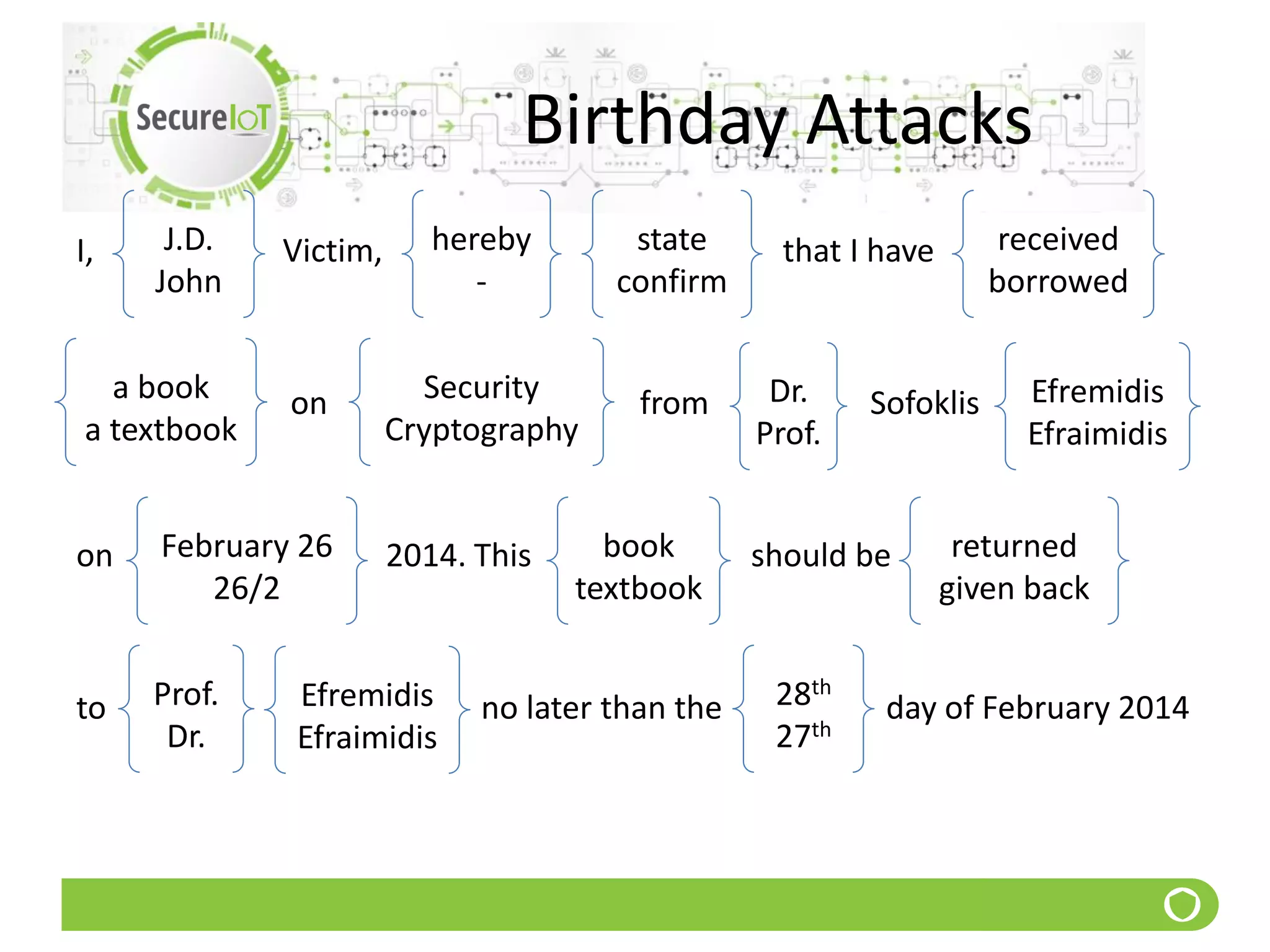 Birthday Attacks
I, Victim, that I have
on from Sofoklis
on 2014. This should be
to no later than the day of February 2014
J.D.
John
hereby
-
state
confirm
received
borrowed
a book
a textbook
Security
Cryptography
Dr.
Prof.
Efremidis
Efraimidis
February 26
26/2
book
textbook
returned
given back
Prof.
Dr.
Efremidis
Efraimidis
28th
27th
 