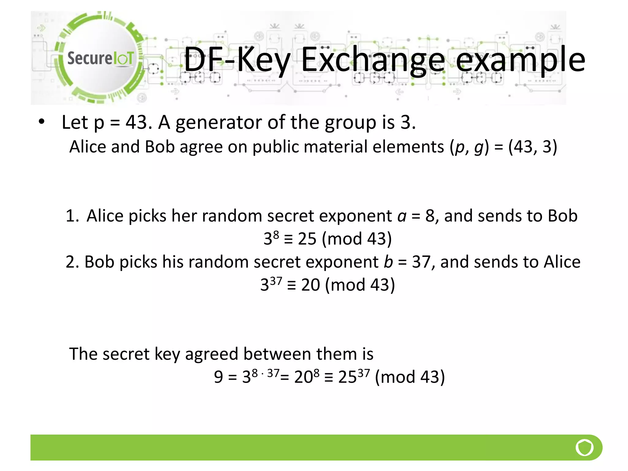 DF-Key Exchange example
• Let p = 43. A generator of the group is 3.
Alice and Bob agree on public material elements (p, g) = (43, 3)
1. Alice picks her random secret exponent a = 8, and sends to Bob
38 ≡ 25 (mod 43)
2. Bob picks his random secret exponent b = 37, and sends to Alice
337 ≡ 20 (mod 43)
The secret key agreed between them is
9 = 38  37= 208 ≡ 2537 (mod 43)
 