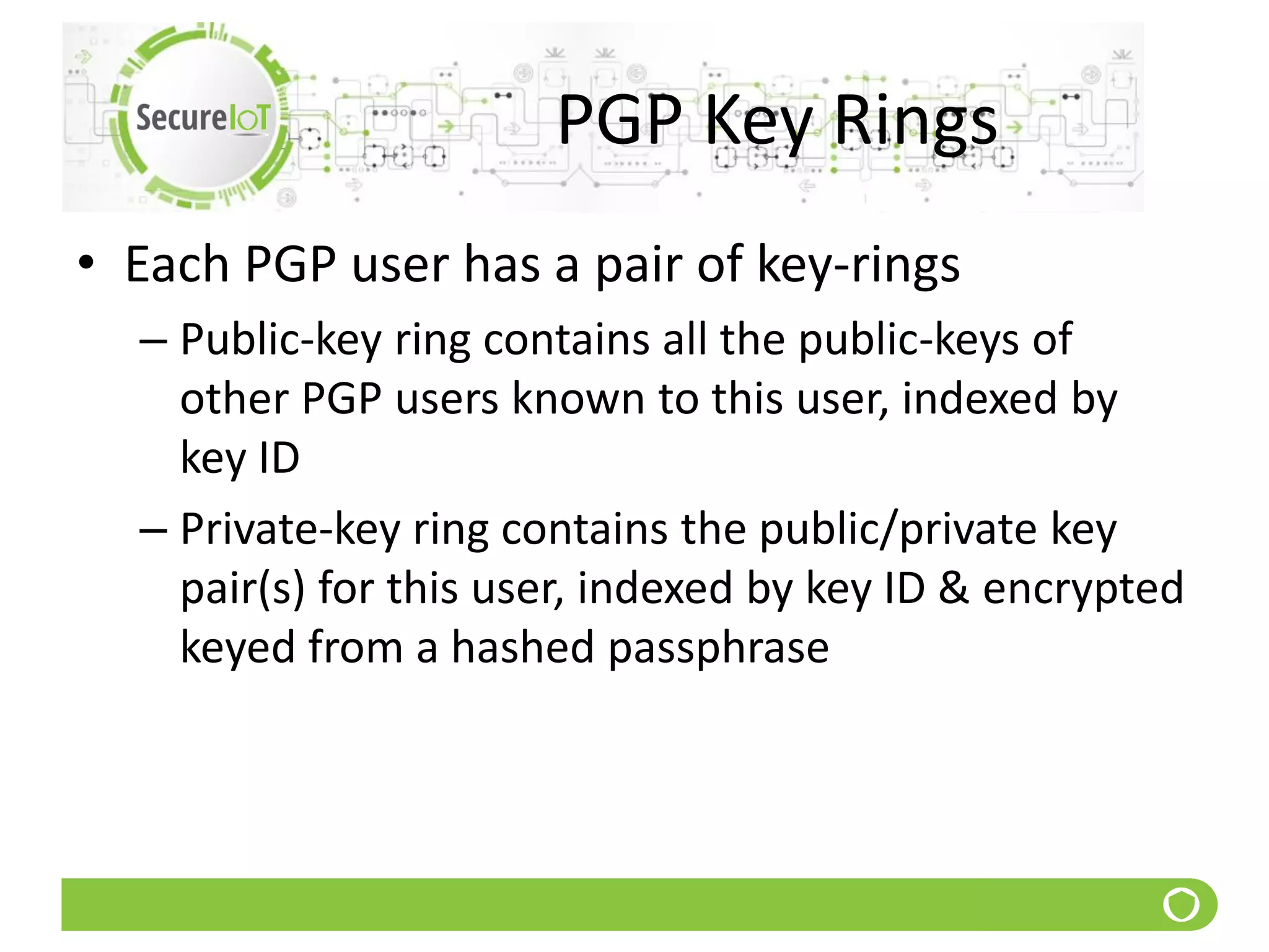 PGP Key Rings
• Each PGP user has a pair of key-rings
– Public-key ring contains all the public-keys of
other PGP users known to this user, indexed by
key ID
– Private-key ring contains the public/private key
pair(s) for this user, indexed by key ID & encrypted
keyed from a hashed passphrase
 
