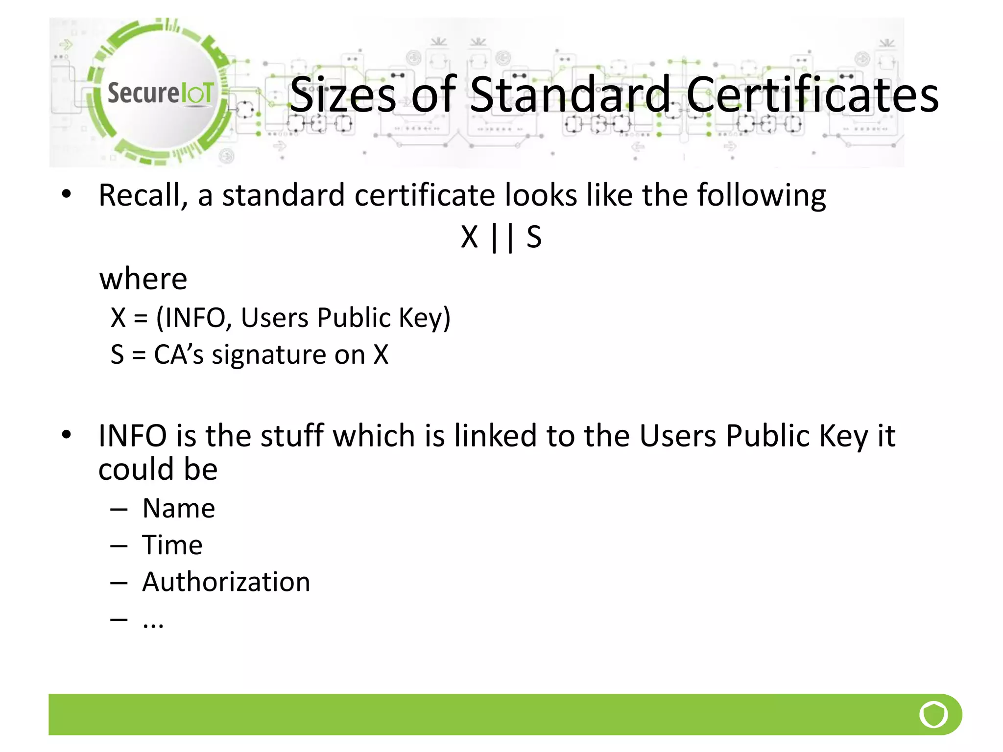 Sizes of Standard Certificates
• Recall, a standard certificate looks like the following
X || S
where
X = (INFO, Users Public Key)
S = CA’s signature on X
• INFO is the stuff which is linked to the Users Public Key it
could be
– Name
– Time
– Authorization
– ...
 