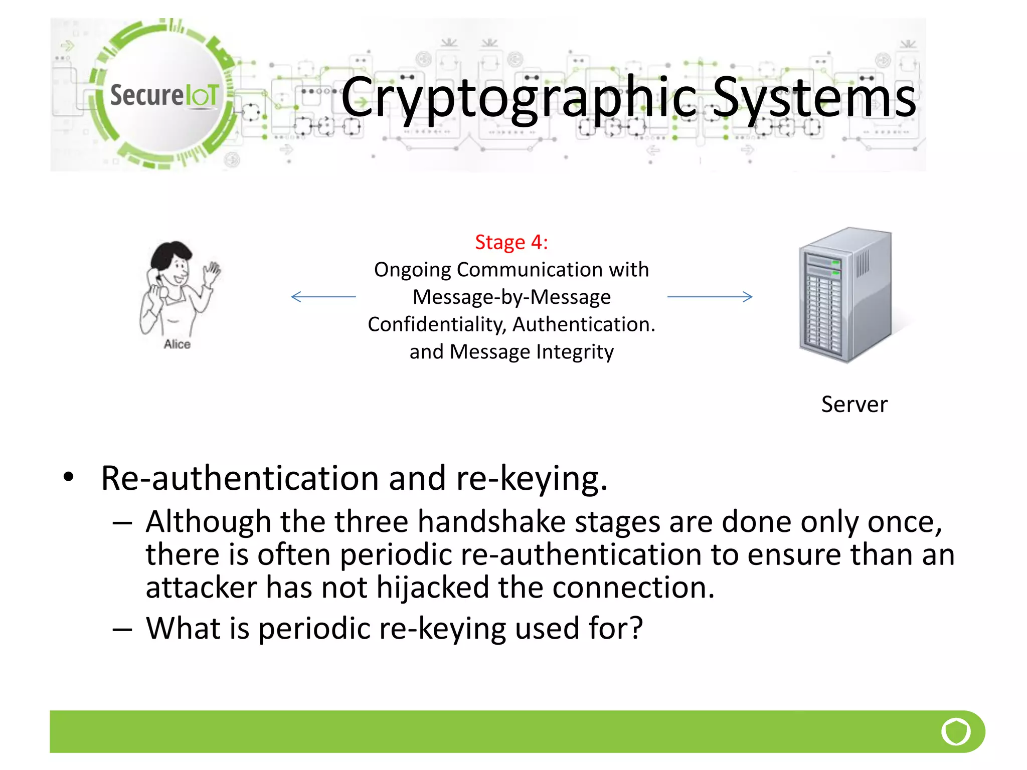 Cryptographic Systems
• Re-authentication and re-keying.
– Although the three handshake stages are done only once,
there is often periodic re-authentication to ensure than an
attacker has not hijacked the connection.
– What is periodic re-keying used for?
Stage 4:
Ongoing Communication with
Message-by-Message
Confidentiality, Authentication.
and Message Integrity
Server
 
