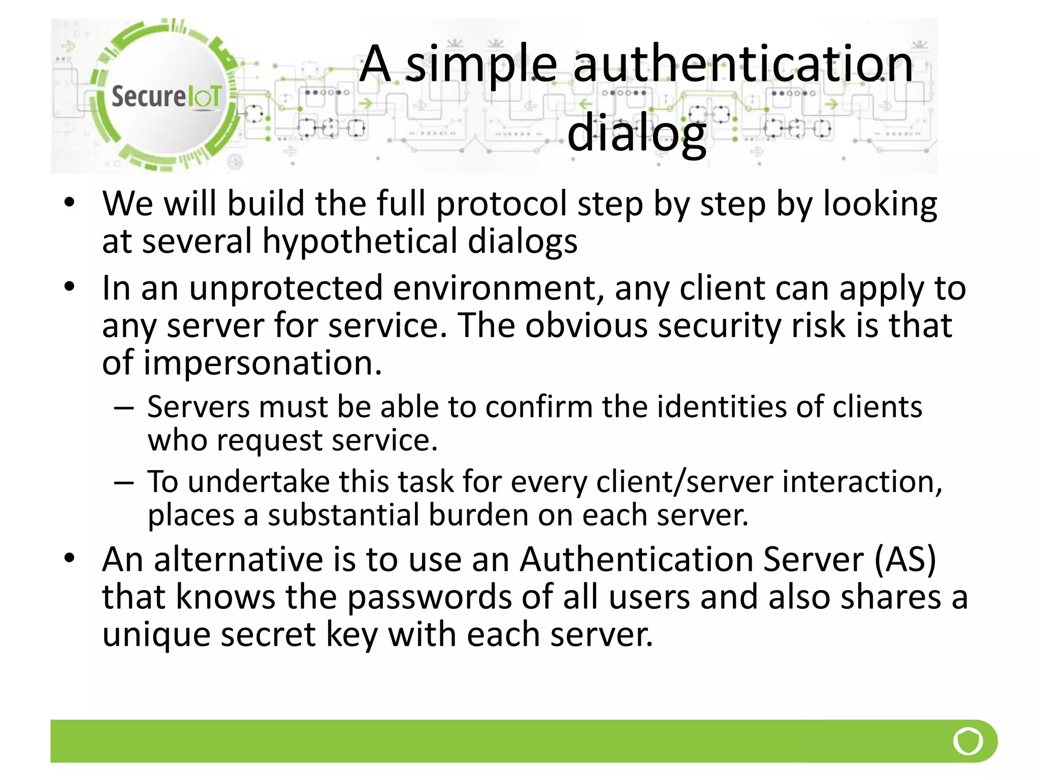 A simple authentication
dialog
• We will build the full protocol step by step by looking
at several hypothetical dialogs
• In an unprotected environment, any client can apply to
any server for service. The obvious security risk is that
of impersonation.
– Servers must be able to confirm the identities of clients
who request service.
– To undertake this task for every client/server interaction,
places a substantial burden on each server.
• An alternative is to use an Authentication Server (AS)
that knows the passwords of all users and also shares a
unique secret key with each server.
 