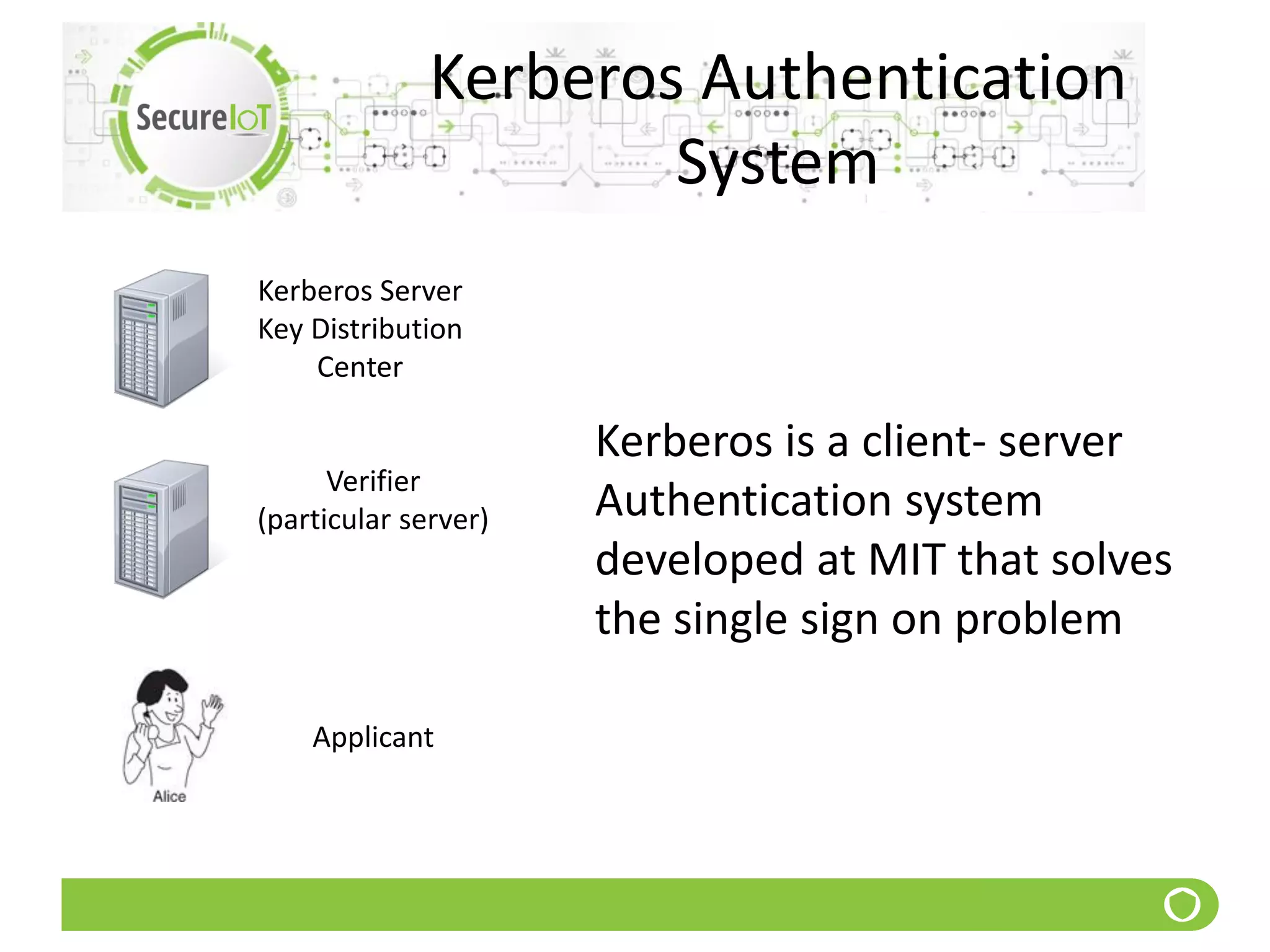 Kerberos Authentication
System
Kerberos Server
Key Distribution
Center
Verifier
(particular server)
Applicant
Kerberos is a client- server
Authentication system
developed at MIT that solves
the single sign on problem
 