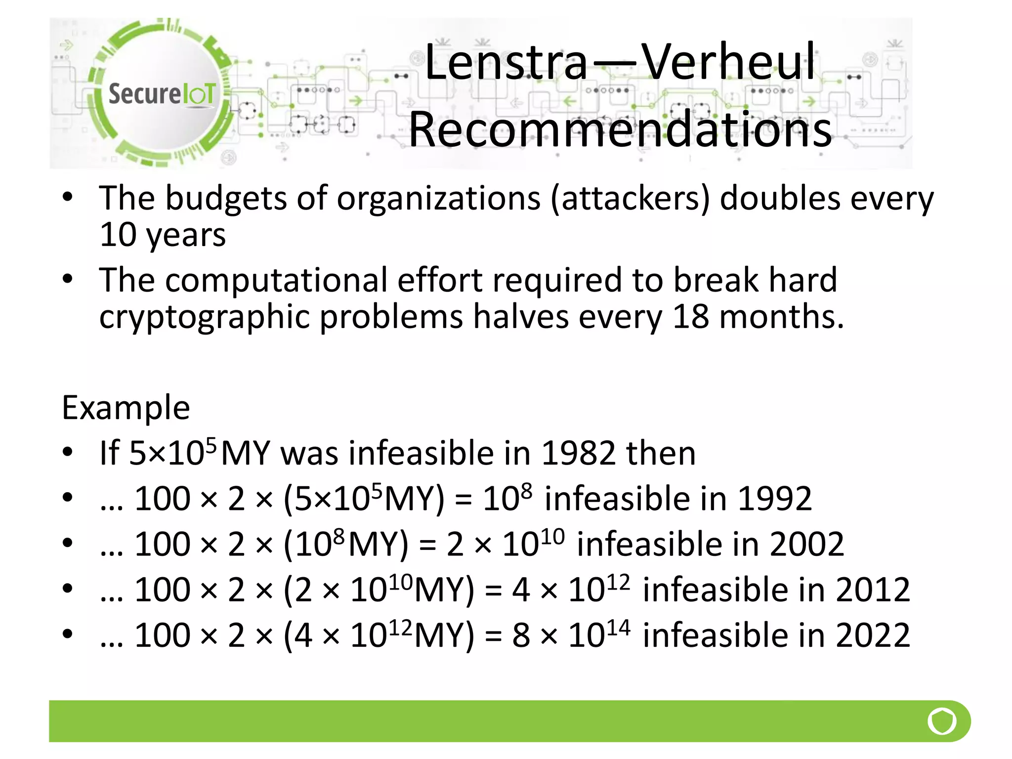 Lenstra—Verheul
Recommendations
• The budgets of organizations (attackers) doubles every
10 years
• The computational effort required to break hard
cryptographic problems halves every 18 months.
Example
• If 5×105MY was infeasible in 1982 then
• … 100 × 2 × (5×105MY) = 108 infeasible in 1992
• … 100 × 2 × (108MY) = 2 × 1010 infeasible in 2002
• … 100 × 2 × (2 × 1010MY) = 4 × 1012 infeasible in 2012
• … 100 × 2 × (4 × 1012MY) = 8 × 1014 infeasible in 2022
 