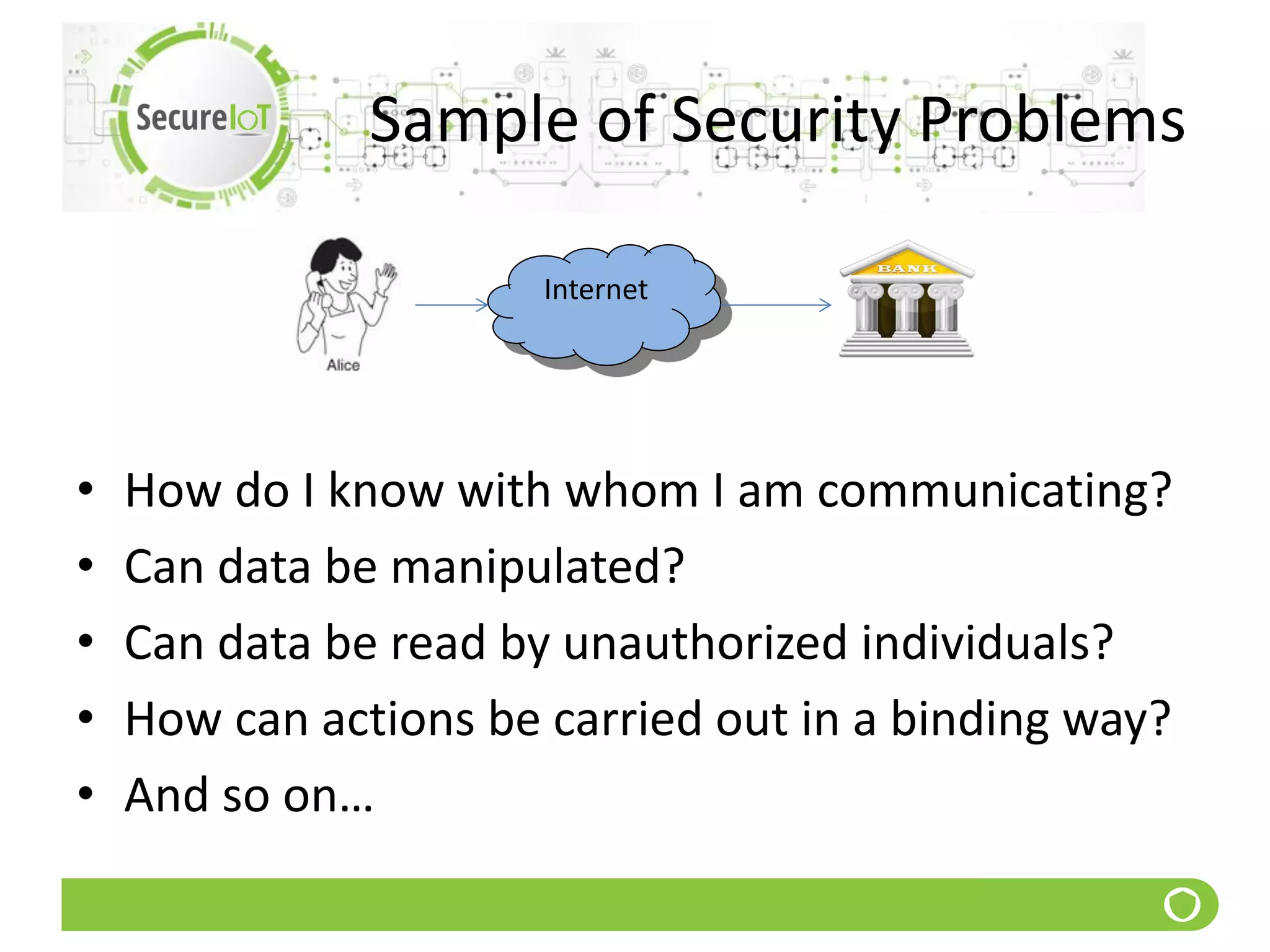 Sample of Security Problems
• How do I know with whom I am communicating?
• Can data be manipulated?
• Can data be read by unauthorized individuals?
• How can actions be carried out in a binding way?
• And so on…
Internet
 