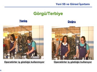19
Yeni 5S ve Görsel İşortamı
Görgü/Terbiye
YanlışYanlış DoğruDoğru
Operatörler iş gözlüğü kullanmıyor Operatörler iş gözlüğü kullanıyor
 