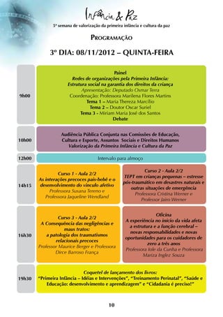 5ª semana de valorização da primeira infância e cultura da paz


                                  Programação

             3º DIA: 08/11/2012 – QUINTA-FEIRA

                                             Painel
                        Redes de organizações pela Primeira Infância:
                      Estrutura social na garantia dos direitos da criança
                             Apresentação: Deputado Osmar Terra
9h00                   Coordenação: Professora Marilena Flores Martins
                               Tema 1 – Maria Thereza Marcílio
                                 Tema 2 – Doutor Oscar Suriel
                            Tema 3 - Miriam Maria José dos Santos
                                            Debate


                   Audiência Pública Conjunta nas Comissões de Educação,
10h00              Cultura e Esporte, Assuntos Sociais e Direitos Humanos
                      Valorização da Primeira Infância e Cultura da Paz

12h00                                 Intervalo para almoço

                                                               Curso 2 - Aula 2/2
                 Curso 1 - Aula 2/2
                                                    TEPT em crianças pequenas – estresse
        As interações precoces pais-bebê e o
                                                    pós-traumático em desastres naturais e
14h15   desenvolvimento do vinculo afetivo
                                                       outras situações de emergência
             Professora Susana Tereno e
                                                          Professora Cristina Werner e
           Professora Jaqueline Wendland
                                                             Professor Jairo Werner


                                                                    Oficina
                  Curso 3 - Aula 2/2
                                                     A experiência no início da vida afeta
         A Consequência das negligências e
                                                       a estrutura e a função cerebral –
                    maus tratos:
                                                       novas responsabilidades e novas
16h30       a patologia dos traumatismos
                                                     oportunidades para os cuidadores de
                relacionais precoces
                                                                zero a três anos
        Professor Maurice Berger e Professora
                                                     Professora Iole da Cunha e Professora
                Dirce Barroso França
                                                              Mariza Inglez Souza


                              Coquetel de lançamento dos livros:
19h30   “Primeira Infância – Idéias e Intervenções”, “Treinamento Perinatal”, “Saúde e
            Educação: desenvolvimento e aprendizagem” e “Cidadania é preciso!”



                                            10
 