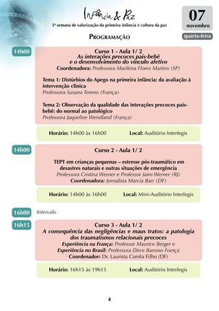 5ª semana de valorização da primeira infância e cultura da paz
                                                                                      07
                                                                                  novembro

                                  Programação                                    quarta-feira


14h00                              Curso 1 - Aula 1/ 2
                            As interações precoces pais-bebê
                         e o desenvolvimento do vinculo afetivo
                    Coordenadora: Professora Marilena Flores Martins (SP)

          Tema 1: Distúrbios do Apego na primeira infância: da avaliação à
          intervenção clinica
          Professora Susana Tereno (França)

          Tema 2: Observação da qualidade das interações precoces pais-
          bebê: do normal ao patológico
          Professora Jaqueline Wendland (França)


             Horário: 14h00 às 16h00                    Local: Auditório Interlegis


14h00                                Curso 2 - Aula 1/ 2

               TEPT em crianças pequenas – estresse pós-traumático em
                 desastres naturais e outras situações de emergência
                Professora Cristina Werner e Professor Jairo Werner (RJ)
                      Coordenadora: Jornalista Marcia Barr (DF)

             Horário: 14h00 às 16h00                 Local: Mini-Auditório Interlegis


16h00   Intervalo

16h15                        Curso 3 - Aula 1/ 2
          A consequência das negligências e maus tratos: a patologia
                   dos traumatismos relacionais precoces
                      Experiência na França: Professor Maurice Berger e
                    Experiência no Brasil: Professora Dirce Barroso França
                         Coordenador: Dr. Laurista Corrêa Filho (DF)

             Horário: 16h15 às 19h15                    Local: Auditório Interlegis




                                             4
 