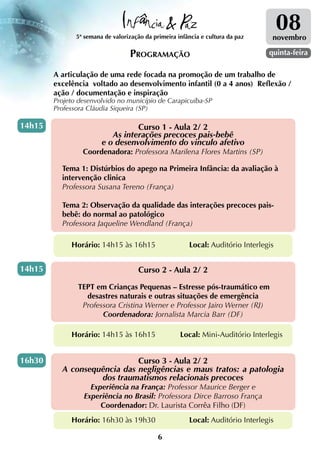 5ª semana de valorização da primeira infância e cultura da paz
                                                                                      08
                                                                                  novembro

                                  Programação                                    quinta-feira

        A articulação de uma rede focada na promoção de um trabalho de
        excelência voltado ao desenvolvimento infantil (0 a 4 anos) Reflexão /
        ação / documentação e inspiração
        Projeto desenvolvido no município de Carapicuíba-SP
        Professora Cláudia Siqueira (SP)

14h15                             Curso 1 - Aula 2/ 2
                           As interações precoces pais-bebê
                        e o desenvolvimento do vinculo afetivo
                 Coordenadora: Professora Marilena Flores Martins (SP)

          Tema 1: Distúrbios do apego na Primeira Infância: da avaliação à
          intervenção clinica
          Professora Susana Tereno (França)

          Tema 2: Observação da qualidade das interações precoces pais-
          bebê: do normal ao patológico
          Professora Jaqueline Wendland (França)

             Horário: 14h15 às 16h15                    Local: Auditório Interlegis


14h15                                Curso 2 - Aula 2/ 2

               TEPT em Crianças Pequenas – Estresse pós-traumático em
                 desastres naturais e outras situações de emergência
                Professora Cristina Werner e Professor Jairo Werner (RJ)
                      Coordenadora: Jornalista Marcia Barr (DF)

             Horário: 14h15 às 16h15                 Local: Mini-Auditório Interlegis


16h30                        Curso 3 - Aula 2/ 2
          A consequência das negligências e maus tratos: a patologia
                   dos traumatismos relacionais precoces
                   Experiência na França: Professor Maurice Berger e
                 Experiência no Brasil: Professora Dirce Barroso França
                      Coordenador: Dr. Laurista Corrêa Filho (DF)
             Horário: 16h30 às 19h30                    Local: Auditório Interlegis

                                             6
 
