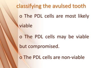 classifying the avulsed tooth
o The PDL cells are most likely
viable
o The PDL cells may be viable
but compromised.
o The PDL cells are non‐viable
 
