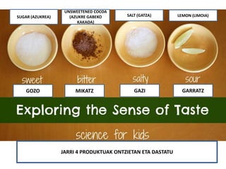 GOZO MIKATZ GAZI GARRATZ
SUGAR (AZUKREA)
UNSWEETENED COCOA
(AZUKRE GABEKO
KAKAOA)
SALT (GATZA) LEMON (LIMOIA)
JARRI 4 PROD...