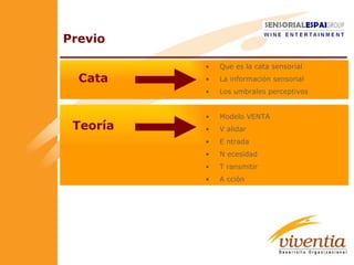 Previo Cata Teoría Que es la cata sensorial La información sensorial Los umbrales perceptivos Modelo VENTA V alidar E ntrada N ecesidad T ransmitir A cción 