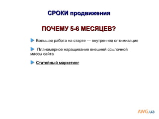 ПОЧЕМУ 5-6 МЕСЯЦЕВ?ПОЧЕМУ 5-6 МЕСЯЦЕВ?
Большая работа на старте — внутренняя оптимизация
Планомерное наращивание внешней ссылочной
массы сайта
Статейный маркетинг
СРОКИ продвиженияСРОКИ продвижения
 