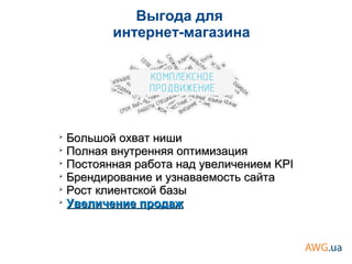 Выгода для
интернет-магазина
➢
Большой охват нишиБольшой охват ниши
➢
Полная внутренняя оптимизацияПолная внутренняя оптимизация
➢
Постоянная работа над увеличением KPIПостоянная работа над увеличением KPI
➢
Брендирование и узнаваемость сайтаБрендирование и узнаваемость сайта
➢
Рост клиентской базыРост клиентской базы
➢
Увеличение продажУвеличение продаж
 