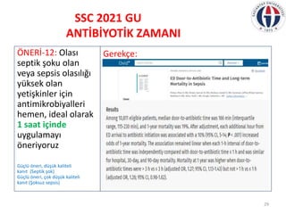 SSC 2021 GU
ANTİBİYOTİK ZAMANI
Gerekçe:
ÖNERİ-12: Olası
septik şoku olan
veya sepsis olasılığı
yüksek olan
yetişkinler içi...