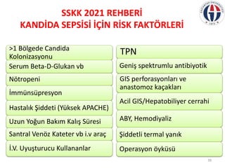 SSKK 2021 REHBERİ
KANDİDA SEPSİSİ İÇİN RİSK FAKTÖRLERİ
39
˃1 Bölgede Candida
Kolonizasyonu
Serum Beta-D-Glukan vb
Nötropen...