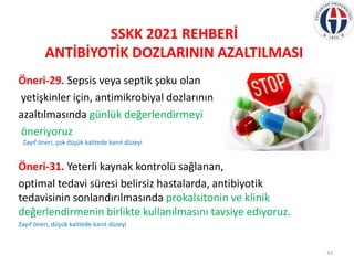SSKK 2021 REHBERİ
ANTİBİYOTİK DOZLARININ AZALTILMASI
42
Öneri-29. Sepsis veya septik şoku olan
yetişkinler için, antimikro...