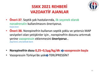 SSKK 2021 REHBERİ
VAZOAKTİF AJANLAR
• Öneri-37. Septik şok hastalarında, ilk seçenek olarak
noradrenalin kullanılmasını ön...