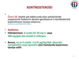 KORTİKOSTEROİD
•
Öneri-58. Septik şok tablosunda olan yetişkinlerde
vazopressör tedavinin devamı gerekiyorsa iv kortikoste...