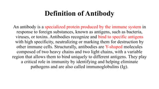 Definition of Antibody
An antibody is a specialized protein produced by the immune system in
response to foreign substances, known as antigens, such as bacteria,
viruses, or toxins. Antibodies recognize and bind to specific antigens
with high specificity, neutralizing or marking them for destruction by
other immune cells. Structurally, antibodies are Y-shaped molecules
composed of two heavy chains and two light chains, with a variable
region that allows them to bind uniquely to different antigens. They play
a critical role in immunity by identifying and helping eliminate
pathogens and are also called immunoglobulins (Ig).
 