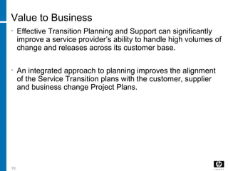 10
Value to Business
• Effective Transition Planning and Support can significantly
improve a service provider’s ability to handle high volumes of
change and releases across its customer base.
• An integrated approach to planning improves the alignment
of the Service Transition plans with the customer, supplier
and business change Project Plans.
 