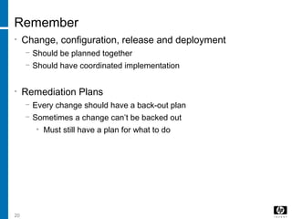 20
Remember
• Change, configuration, release and deployment
− Should be planned together
− Should have coordinated implementation
• Remediation Plans
− Every change should have a back-out plan
− Sometimes a change can’t be backed out
• Must still have a plan for what to do
 