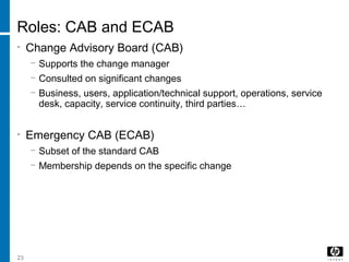 23
Roles: CAB and ECAB
• Change Advisory Board (CAB)
− Supports the change manager
− Consulted on significant changes
− Business, users, application/technical support, operations, service
desk, capacity, service continuity, third parties…
• Emergency CAB (ECAB)
− Subset of the standard CAB
− Membership depends on the specific change
 